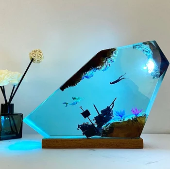 Настольный светильник из смолы, обитающий на морском дне, Декоративная лампа для творчества, Ночник на тему приключений Русалки-Дайвера, USB-зарядка