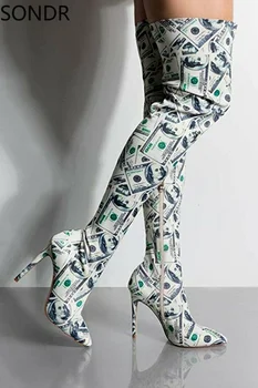Женские сапоги до бедра с денежным принтом в сто долларов, с острым носком, большие туфли на шпильке, новинка 