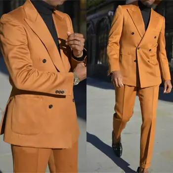 Оранжевые Двубортные Мужские Костюмы Slim Fit Party Wear Из Двух Частей Для Официальных Деловых Мероприятий, Пальто С Отворотом + Брюки, Смокинги Для Мужчин