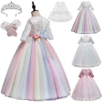 Роскошные детские платья с радужным кружевом и цветочным узором для молодой девушки, длинное свадебное платье для подружки невесты, ведущая торжественного мероприятия, платье для выпускной церемонии
