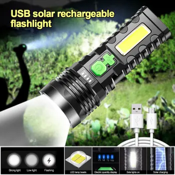 Солнечный USB перезаряжаемый светодиодный фонарик COB Side Light 4 передачи, сильный свет, дисплей мощности 1200 мАч, водонепроницаемый наружный фонарь
