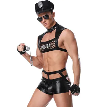 Черный PU кожаные ажурные экзотические костюмы косплей полицейский униформа мужчин Хэллоуин карнавал вечеринка клуб Мужской полицейский костюм