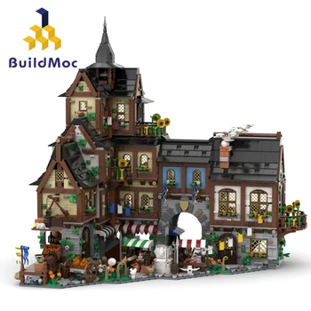 BuildMoc Ретро Средневековый Центр Города Замок Набор Строительных Блоков Европейский Рынок Игровой Дом Кирпичи Игрушки Для Детей Подарок На День Рождения