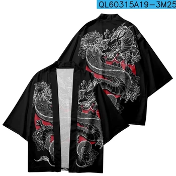 Модное черное кимоно с принтом дракона, уличная одежда, кардиган, халат, Летнее Свободное японское пальто, Женские Мужские топы Хаори, Юката Самурай