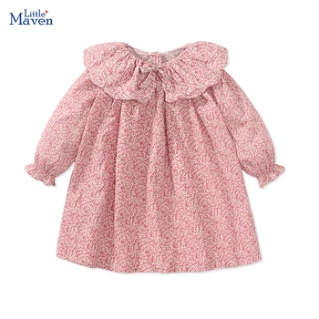 Детская одежда Little maven Princess Flowers Для маленьких девочек, платье с длинными рукавами и отложным воротником, хлопковая осенняя одежда для детей
